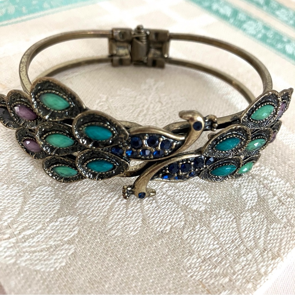 Hinged Metal Bangle Bracelet Peacock Design Blue Green Purple Rhinestones